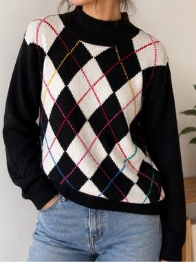 Vintage Paris Sport Club Argyle Mock Neck Sweater Black White Multicolor Size M